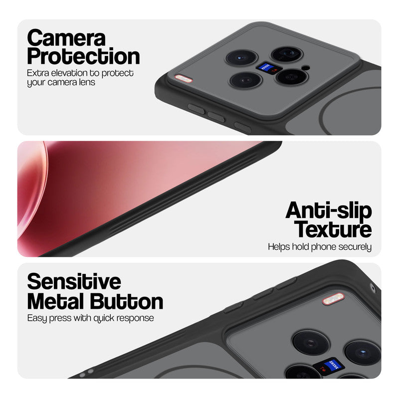 Black Phone case for Vivo X300 5G highlighting raised camera protection, anti-slip texture, and responsive side buttons