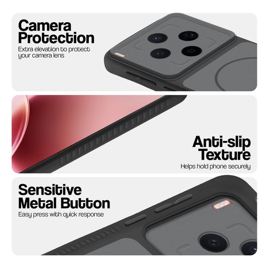 Black phone case forMotorola Vivo X300 5G showing camera safety edges, anti slip side grip and easy press button covers.