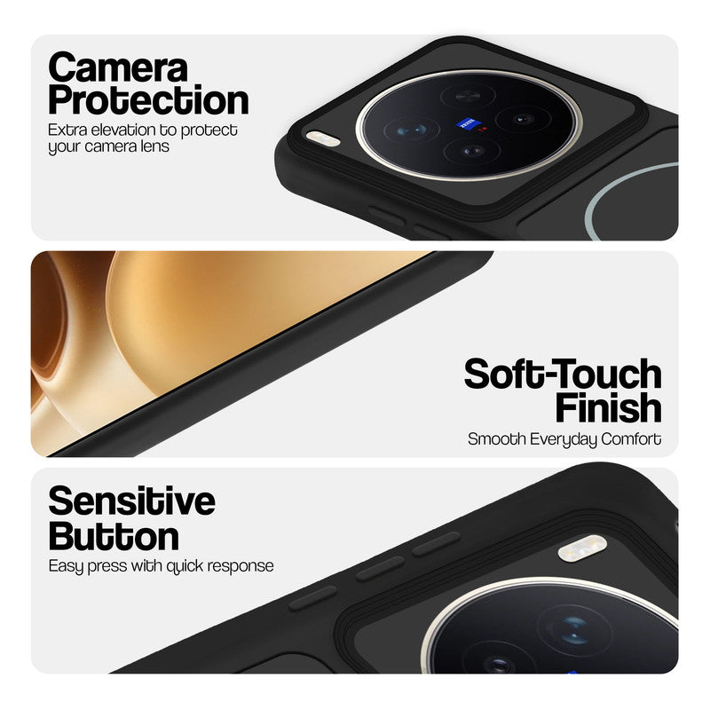 Black phone case for Vivo X300 Pro 5G showing camera safety edges, anti slip side grip and easy press button covers.
