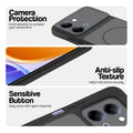 Black phone case for Vivo Y05 4G showing camera safety edges, anti slip side grip and easy press button covers.