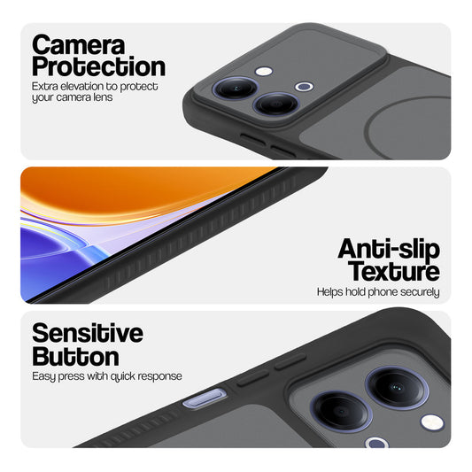Black phone case for Vivo Y05 4G showing camera safety edges, anti slip side grip and easy press button covers.