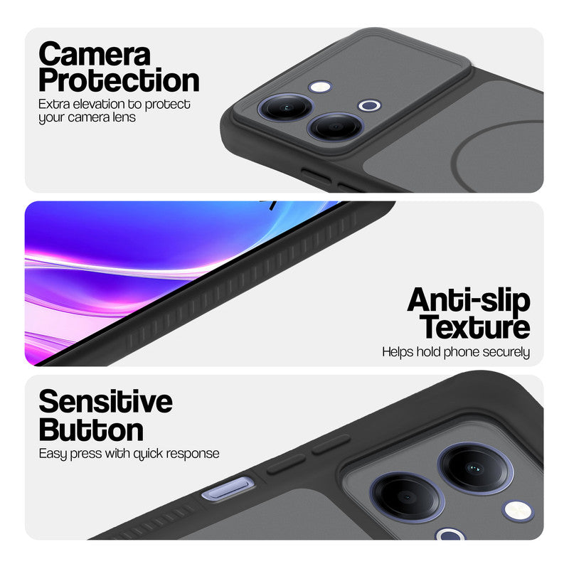 Black phone case for Vivo Y11 5G showing camera safety edges, anti slip side grip and easy press button covers.