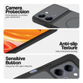 Black phone case for Vivo Y21 5G showing camera safety edges, anti slip side grip and easy press button covers.