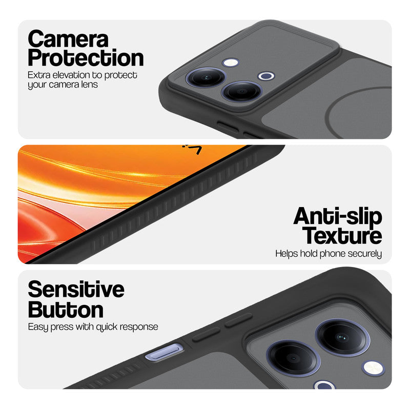 Black phone case for Vivo Y21 5G showing camera safety edges, anti slip side grip and easy press button covers.