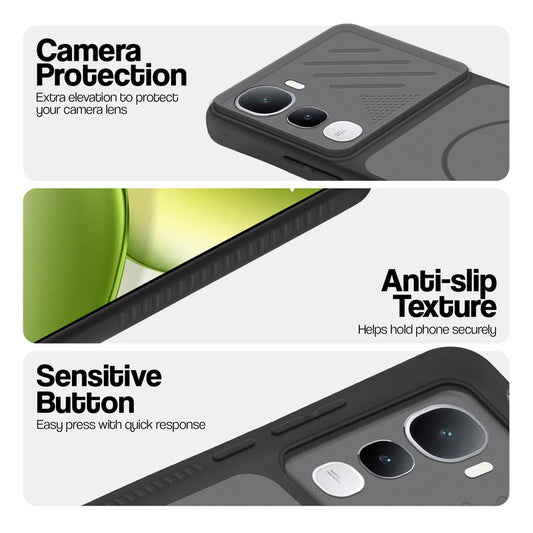 Black phone case for Vivo Y400 5G showing camera safety edges, anti slip side grip and easy press button covers.