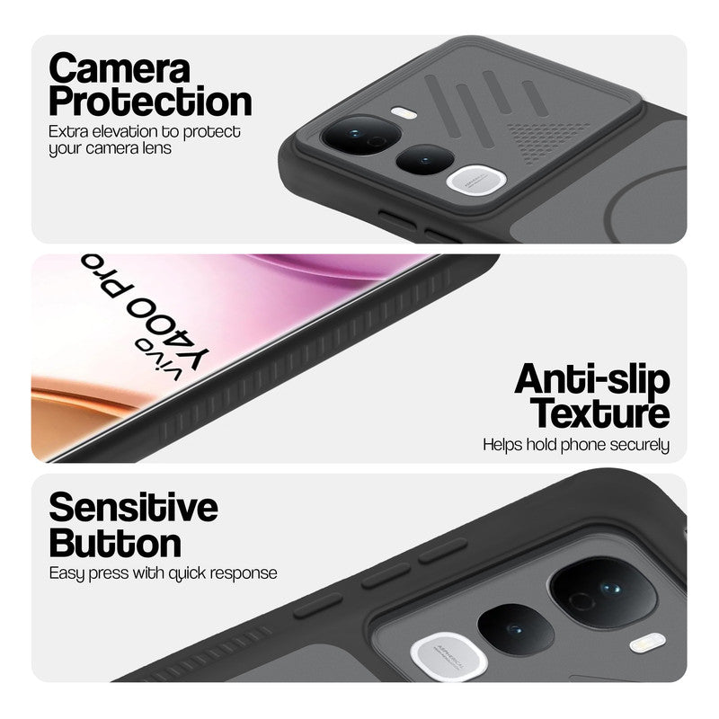 Black phone case for Vivo Y400 Pro 5G showing camera safety edges, anti slip side grip and easy press button covers.