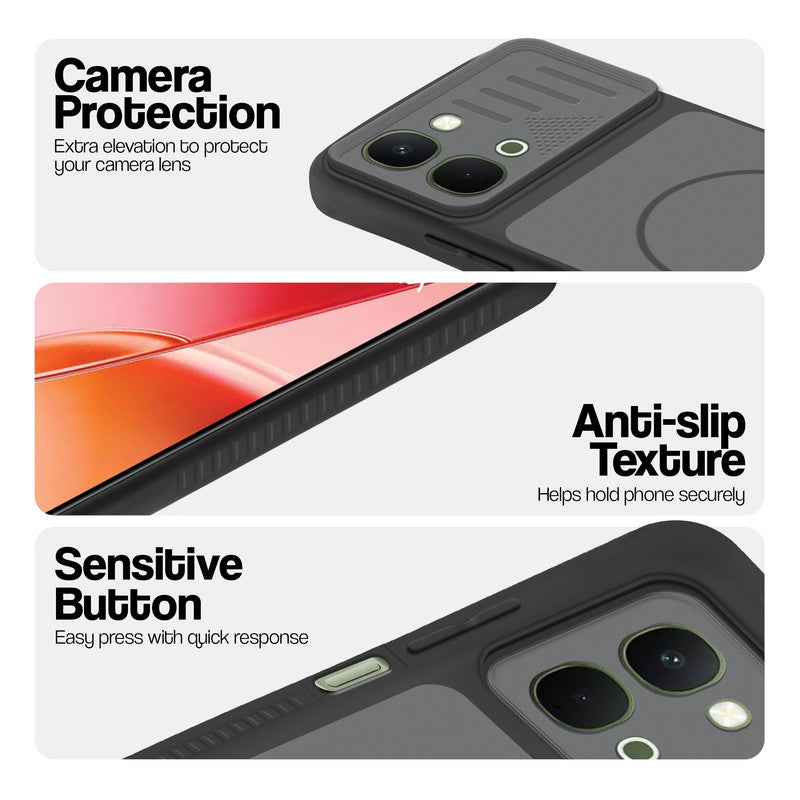 Black phone case for Vivo Y51 Pro 5G showing camera safety edges, anti slip side grip and easy press button covers.