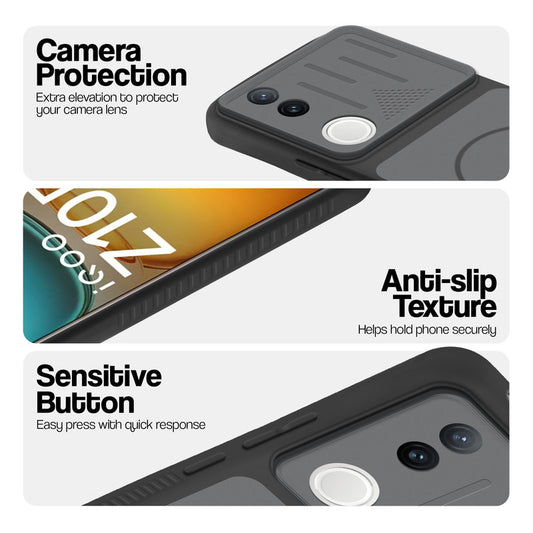 Black phone case for iQOO Z10R 5G showing camera safety edges, anti slip side grip and easy press button covers.