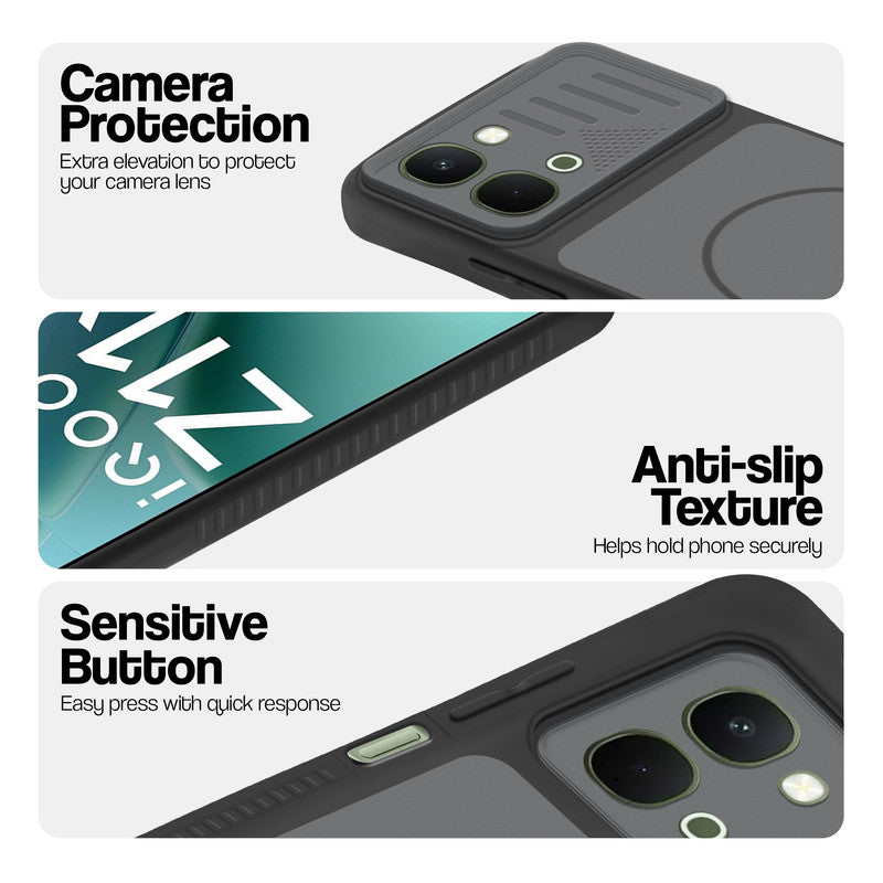 Black phone case for iQOO Z11x 5G showing camera safety edges, anti slip side grip and easy press button covers.