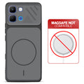 Black back cover for Infinix Note Edge with printed ring pattern and message showing not compatible with MagSafe charging.