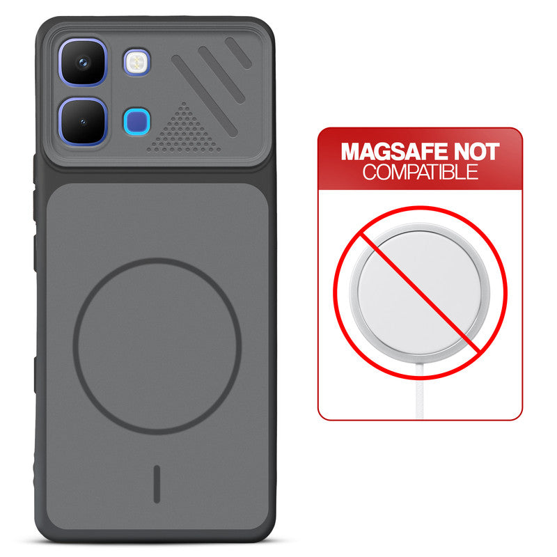 Black back cover for Infinix Note Edge with printed ring pattern and message showing not compatible with MagSafe charging.