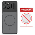 Black back cover for Motorola G57 Power 5G with printed ring pattern and message showing not compatible with MagSafe charging.
