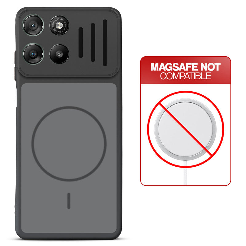 Black back cover for Motorola G57 Power 5G with printed ring pattern and message showing not compatible with MagSafe charging.
