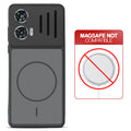 Black back cover for Motorola Moto Edge 50 Fusion 5G with printed ring pattern and message showing not compatible with MagSafe charging.