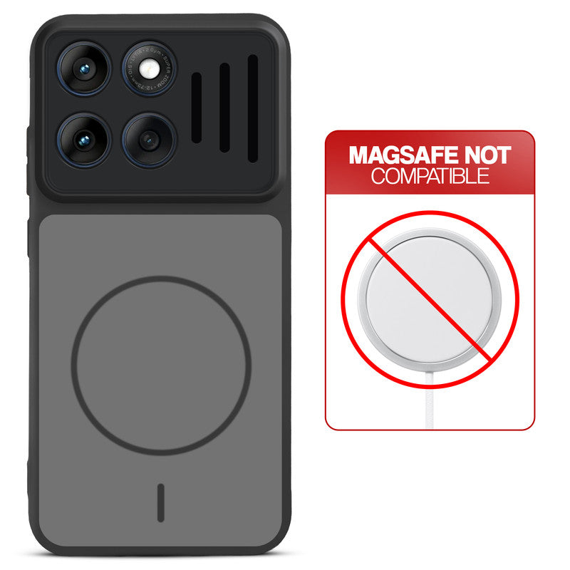 Black back cover for Motorola Moto Edge 60 Fusion 5G with printed ring pattern and message showing not compatible with MagSafe charging.