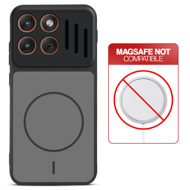 Black back cover for Motorola Moto Edge 70 5G with printed ring pattern and message showing not compatible with MagSafe charging.