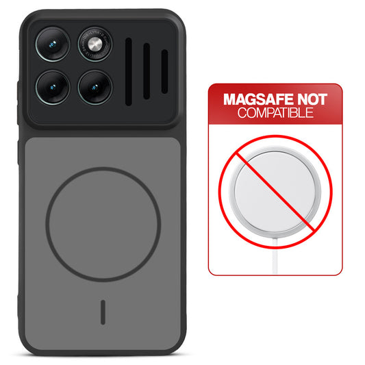 Black back cover for Motorola Moto Edge 70 Fusion 5G with printed ring pattern and message showing not compatible with MagSafe charging.
