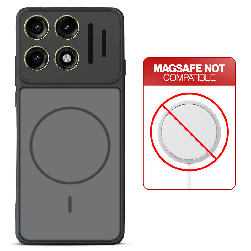 Black back cover for Motorola Moto Edge 70 Pro Plus 5G with printed ring pattern and message showing not compatible with MagSafe charging.