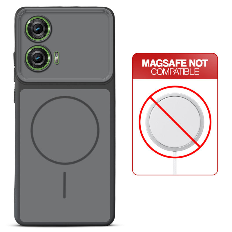 Dual tone silicone Black phone cover for Motorola Moto G96 5G showing wireless charging not supported notice