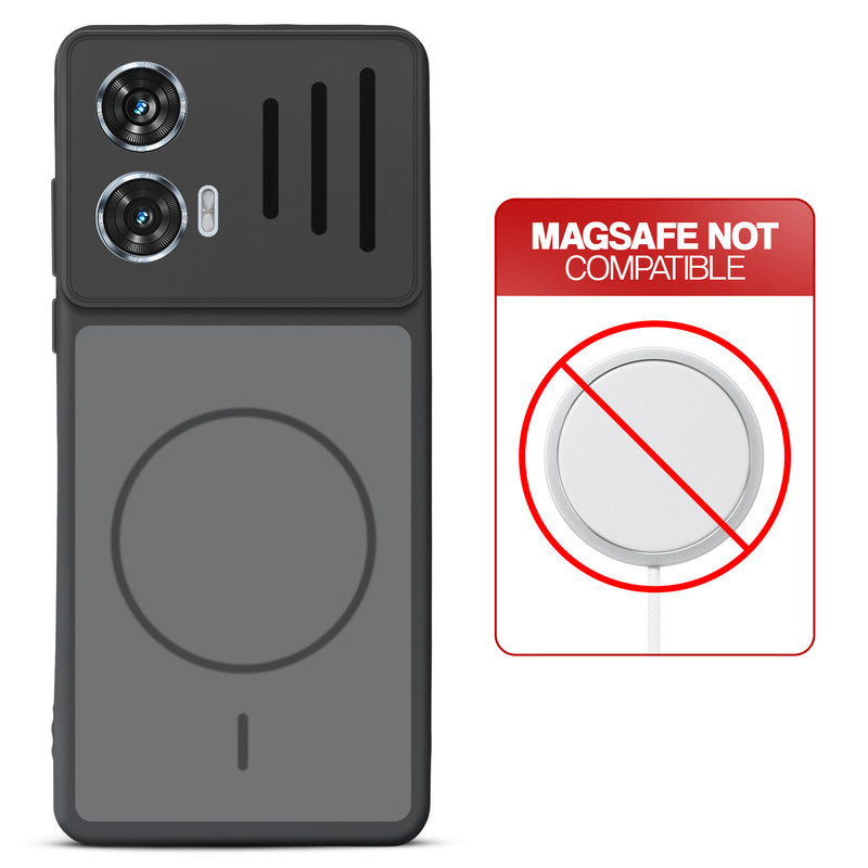 Black back cover for Motorola Moto G96 5G with printed ring pattern and message showing not compatible with MagSafe charging.