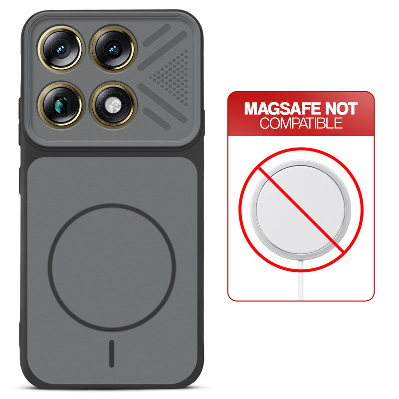 Black back cover for Motorola Signature with printed ring pattern and message showing not compatible with MagSafe charging.