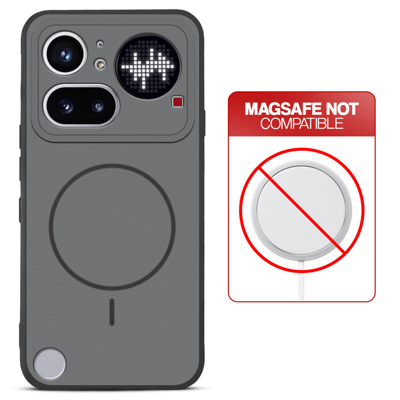 Black back cover for Nothing Phone 4A Pro 5G with printed ring pattern and message showing not compatible with MagSafe charging.