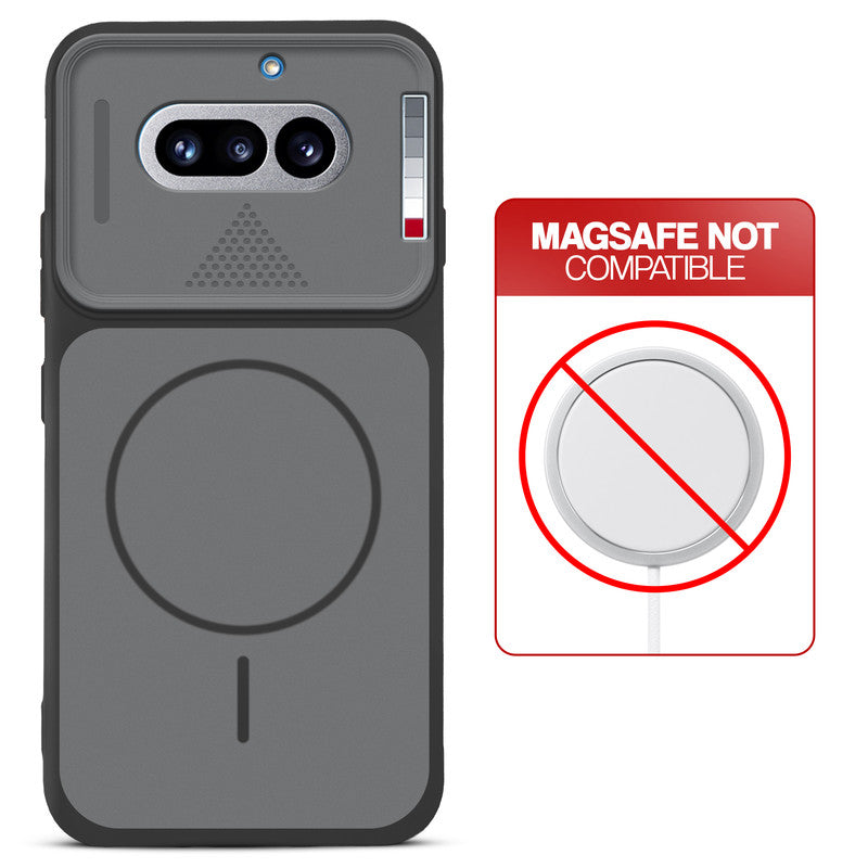 Black back cover for Nothing Phone 4A 5G with printed ring pattern and message showing not compatible with MagSafe charging.