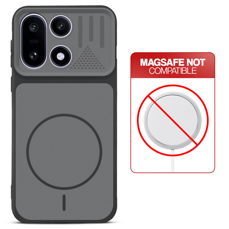Black back cover for OnePlus 15 5G with printed ring pattern and message showing not compatible with MagSafe charging.