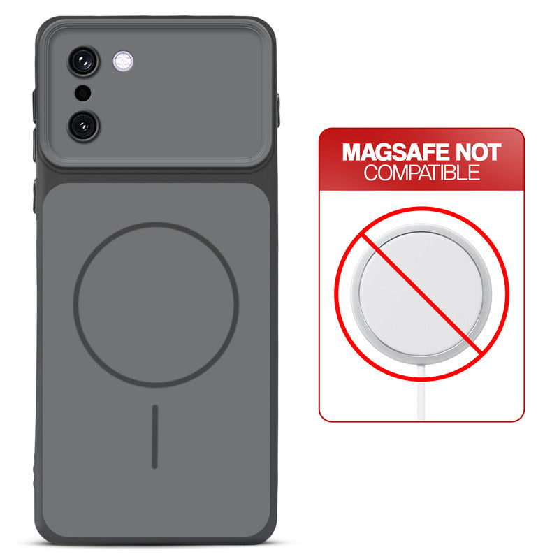 Dual tone silicone Black phone cover for OnePlus 15R 5G showing wireless charging not supported notice