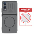 Black back cover for OnePlus Nord CE 4 Lite 5G with printed ring pattern and message showing not compatible with MagSafe charging.