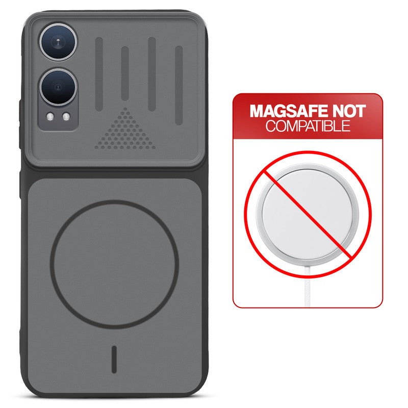 Black back cover for OnePlus Nord CE 4 Lite 5G with printed ring pattern and message showing not compatible with MagSafe charging.