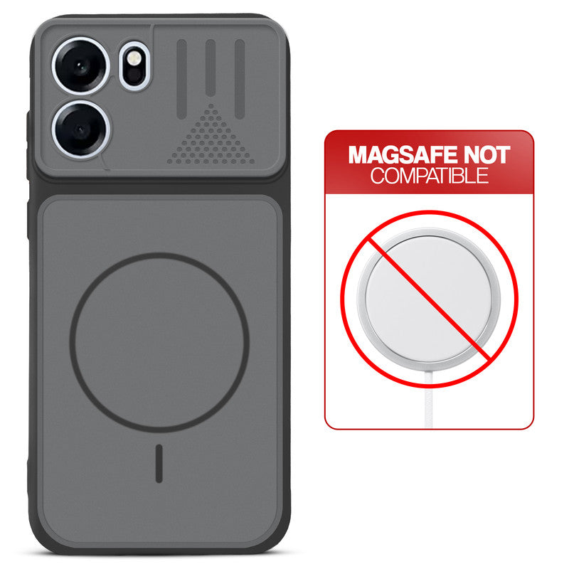 Black back cover for OnePlus Nord CE 6 5G with printed ring pattern and message showing not compatible with MagSafe charging.