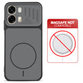 Black back cover for Oppo A6 Pro 5G with printed ring pattern and message showing not compatible with MagSafe charging.