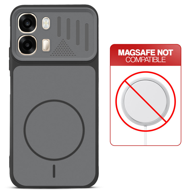 Black back cover for Oppo A6 Pro 5G with printed ring pattern and message showing not compatible with MagSafe charging.