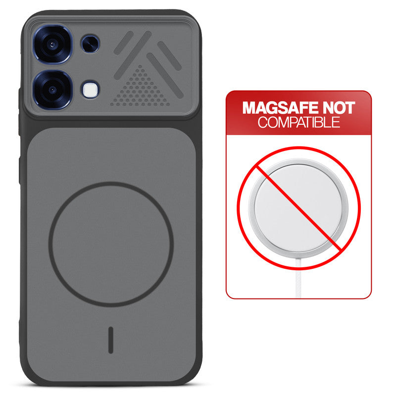 Black back cover for Oppo F31 5G with printed ring pattern and message showing not compatible with MagSafe charging.