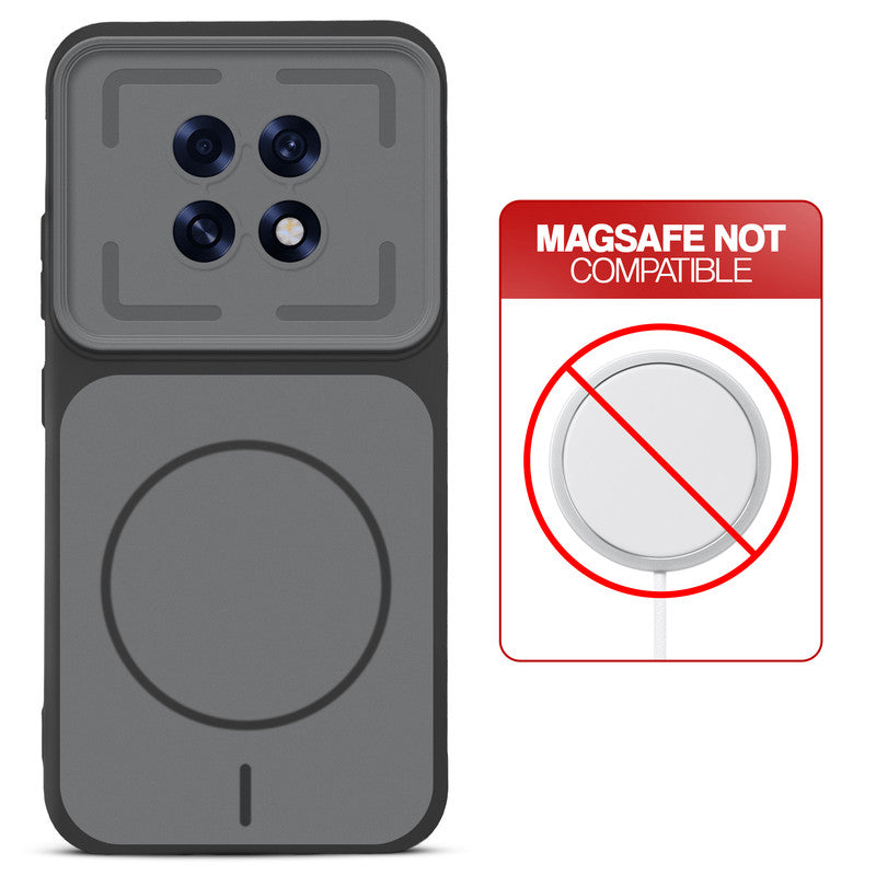 Black back cover for Oppo F31 Pro Plus 5G with printed ring pattern and message showing not compatible with MagSafe charging.