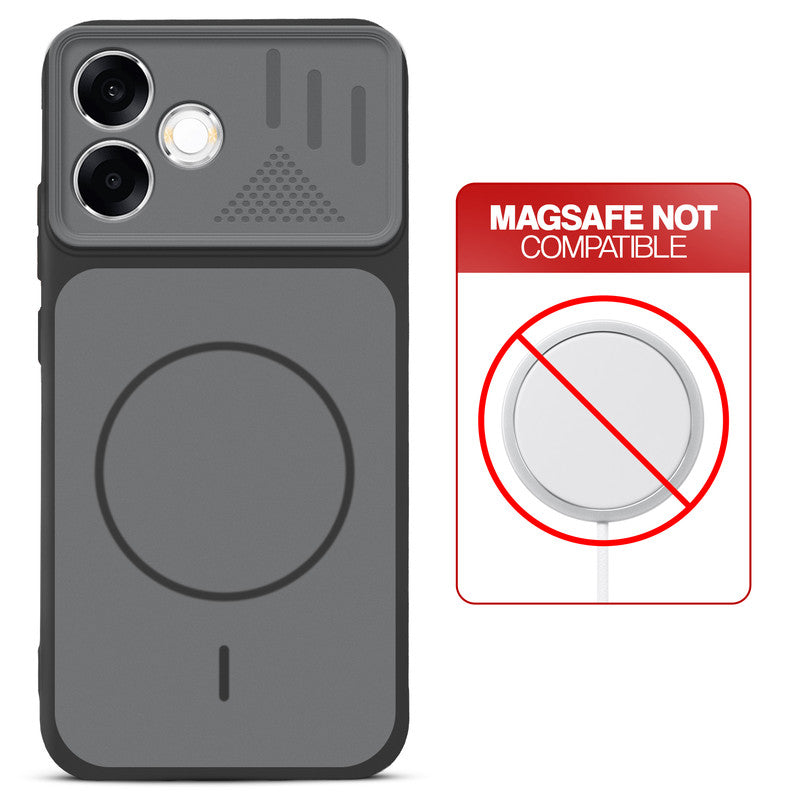 Black back cover for Oppo F33 Pro 5G with printed ring pattern and message showing not compatible with MagSafe charging.