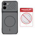 Black back cover for Poco C85x 5G with printed ring pattern and message showing not compatible with MagSafe charging.