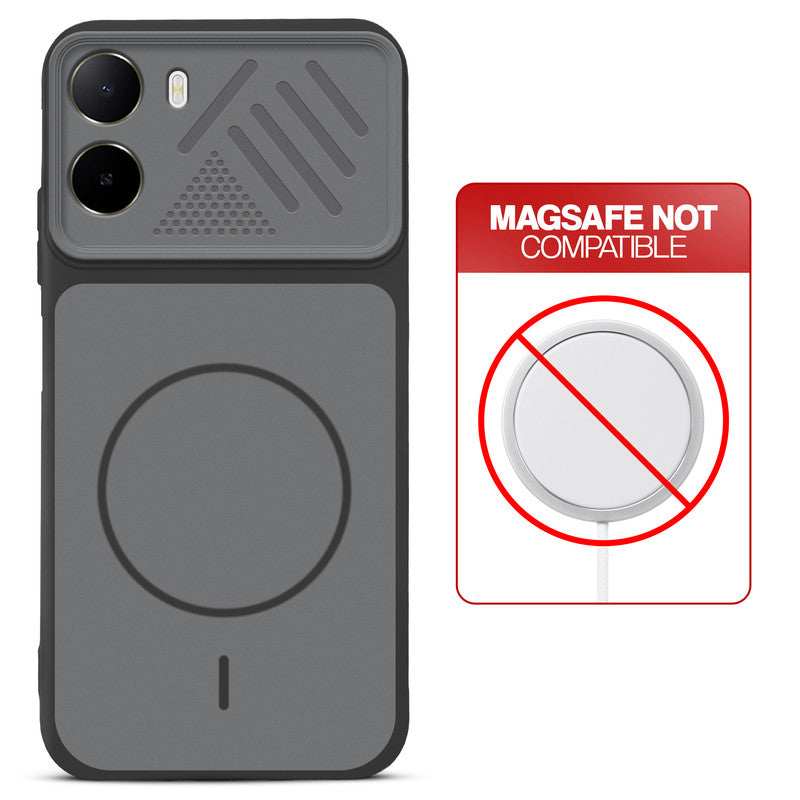 Black back cover for Poco C85x 5G with printed ring pattern and message showing not compatible with MagSafe charging.