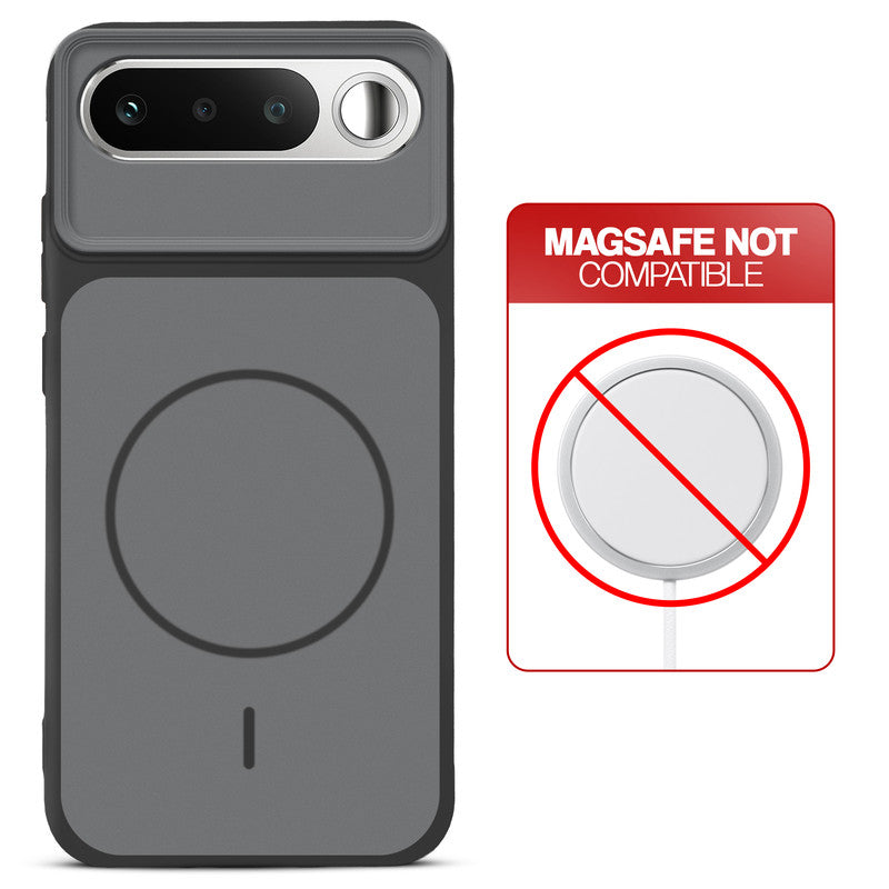 Black back cover for Realme 16 5G with printed ring pattern and message showing not compatible with MagSafe charging.