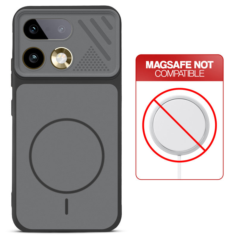 Black back cover for Realme 16 Pro Plus 5G with printed ring pattern and message showing not compatible with MagSafe charging.
