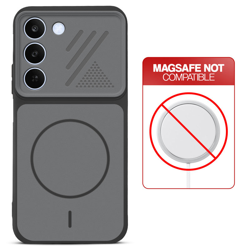 Black back cover for Realme C83 5G with printed ring pattern and message showing not compatible with MagSafe charging.