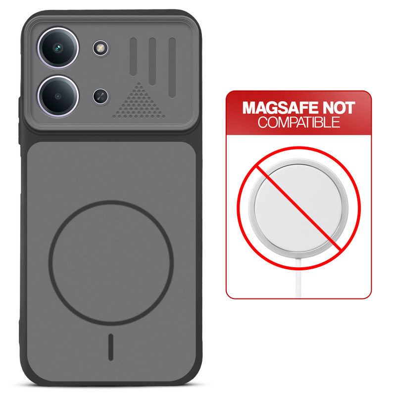 Black back cover for Redmi 15C 5G with printed ring pattern and message showing not compatible with MagSafe charging.