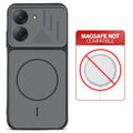 Black back cover for Redmi A7 4G with printed ring pattern and message showing not compatible with MagSafe charging.