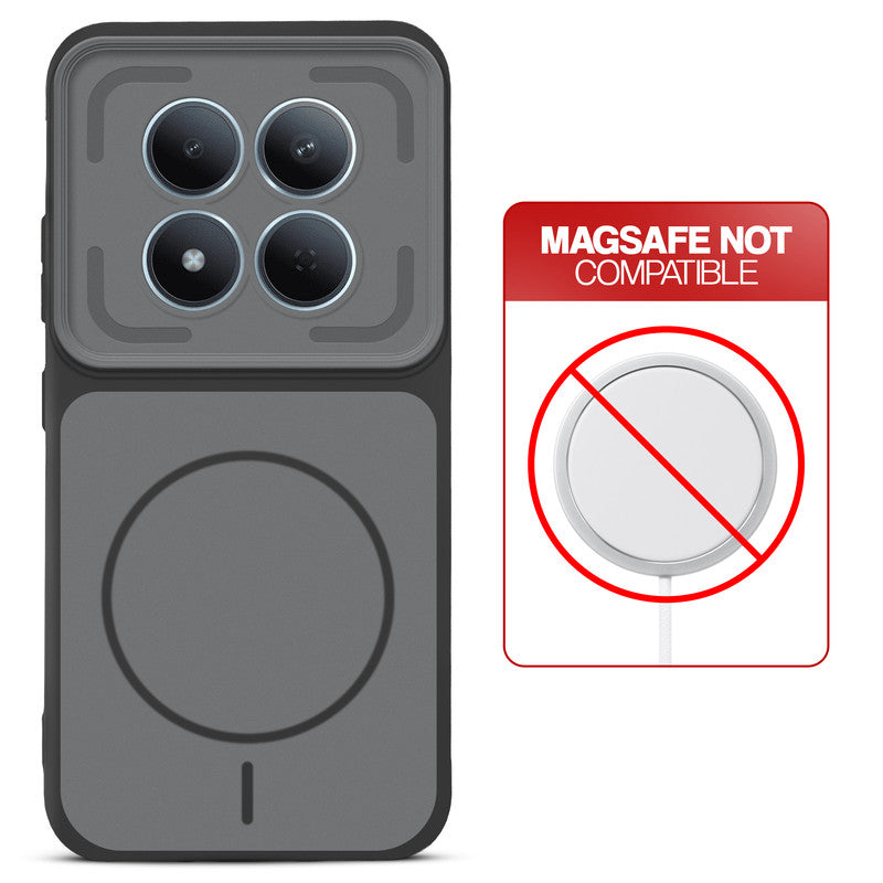 Black back cover for Redmi Note 15 Pro 5G with printed ring pattern and message showing not compatible with MagSafe charging.