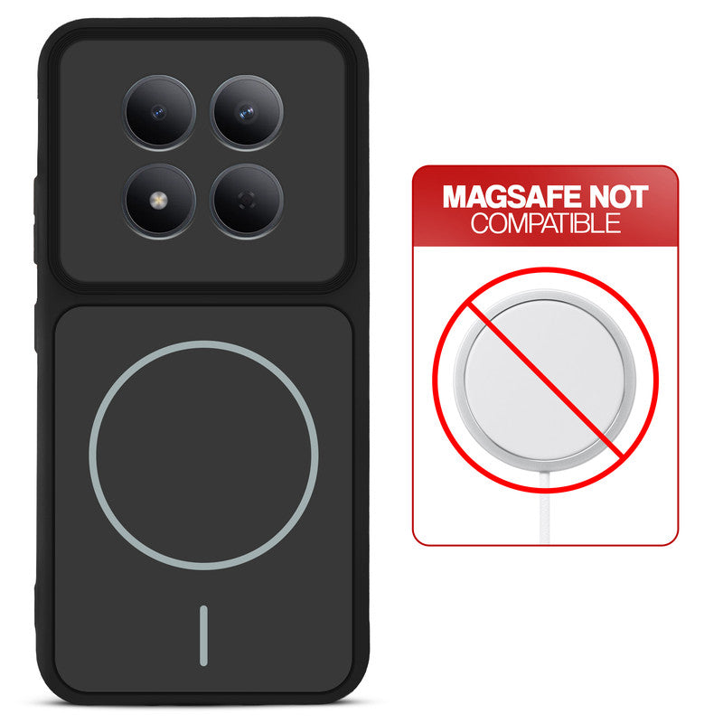 Black back cover for Redmi Note 15 Pro 5G with printed ring pattern and message showing not compatible with MagSafe charging.