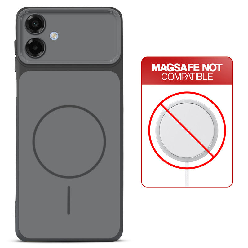 Dual tone silicone Black phone cover for Samsung A07 5G showing wireless charging not supported notice
