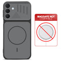 Black back cover for Samsung A16 5G with printed ring pattern and message showing not compatible with MagSafe charging.