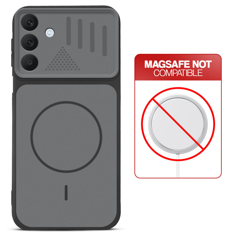 Black back cover for Samsung A16 5G with printed ring pattern and message showing not compatible with MagSafe charging.