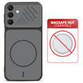 Black back cover for Samsung A26 5G with printed ring pattern and message showing not compatible with MagSafe charging.